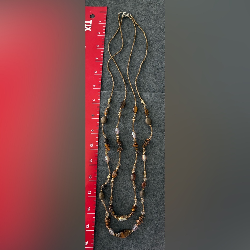 Two Elegant Brown Stone & Glass Beaded Necklaces (2, varying lengths)